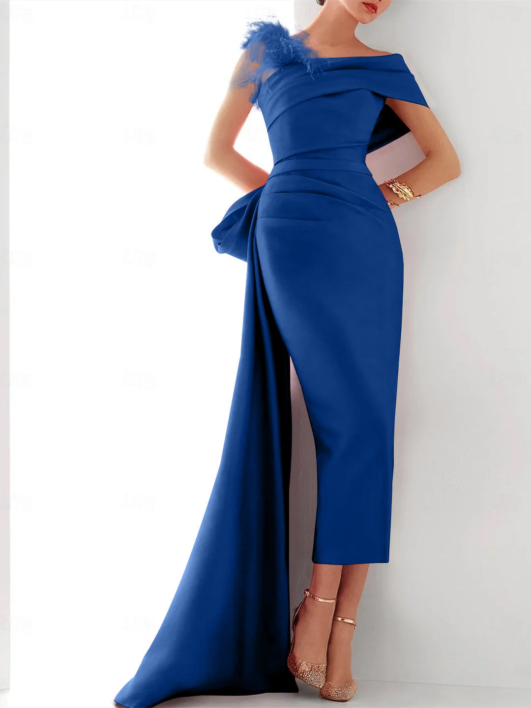 Sheath/Column One Shoulder Sleeveless Sweep/Brush Train Evening Gown Elegant Dress Formal Satin with Feather Bow(s)