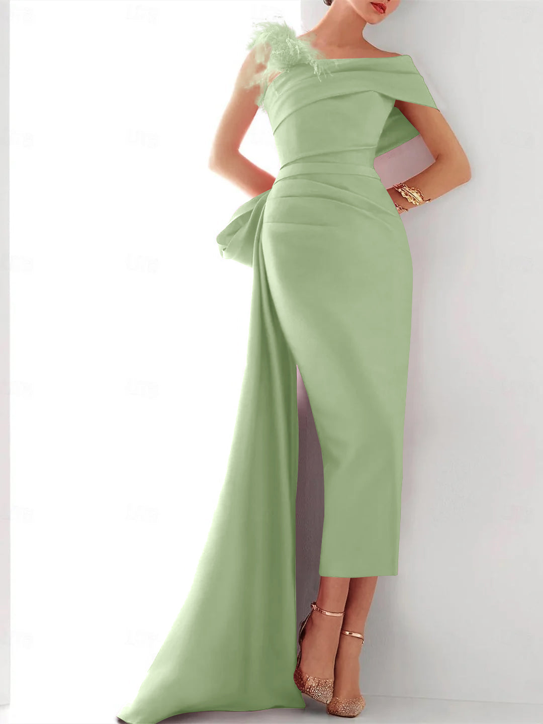 Sheath/Column One Shoulder Sleeveless Sweep/Brush Train Evening Gown Elegant Dress Formal Satin with Feather Bow(s)