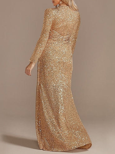 Mermaid/Trumpet V-Neck Long Sleeves Floor-Length Party Cocktail Dress with Sequins