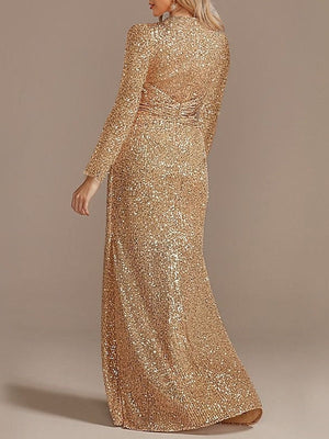 Mermaid/Trumpet V-Neck Long Sleeves Floor-Length Party Cocktail Dress with Sequins