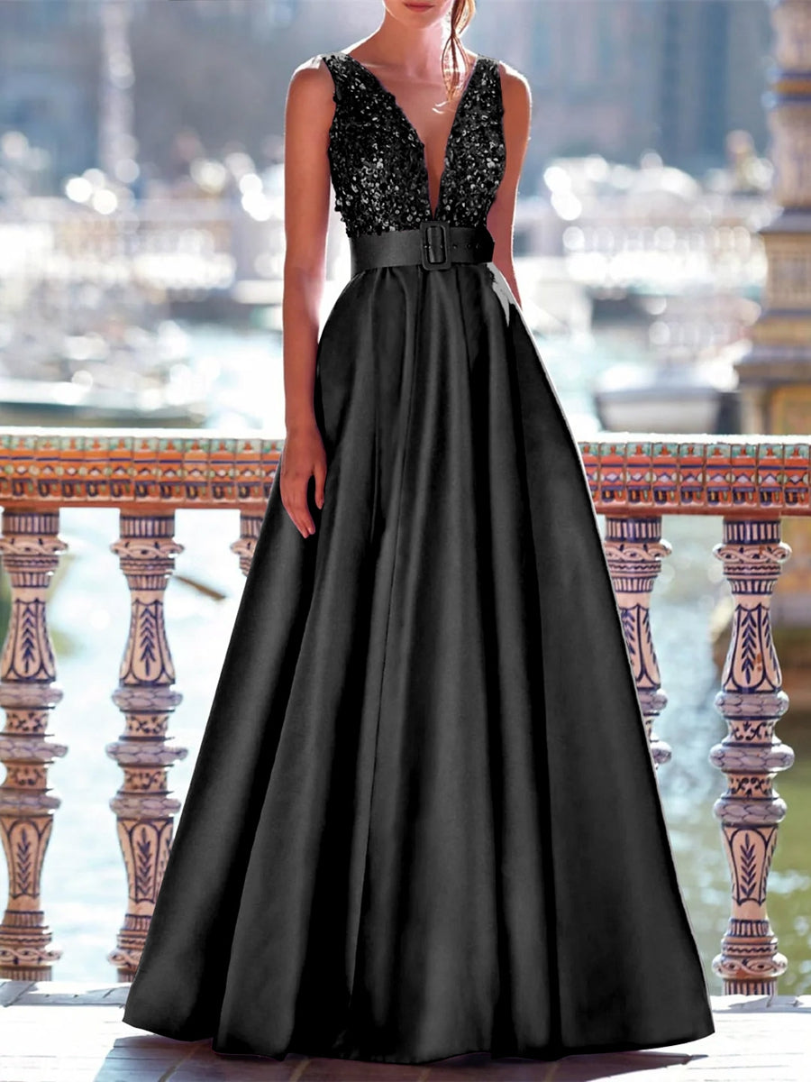 A-Line Evening Gown Floor Length Mother Of The Bride Dress With Belt Sleeveless V Neck Pocket Satin with Sequins