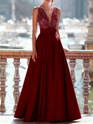 A-Line Mother Of The Bride Dress Floor Length Evening Gown with Belt Sleeveless V Neck Pocket Satin with Sequins