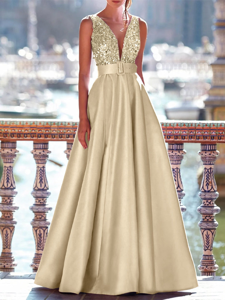 A-Line Evening Gown Floor Length Mother Of The Bride Dress With Belt Sleeveless V Neck Pocket Satin with Sequins