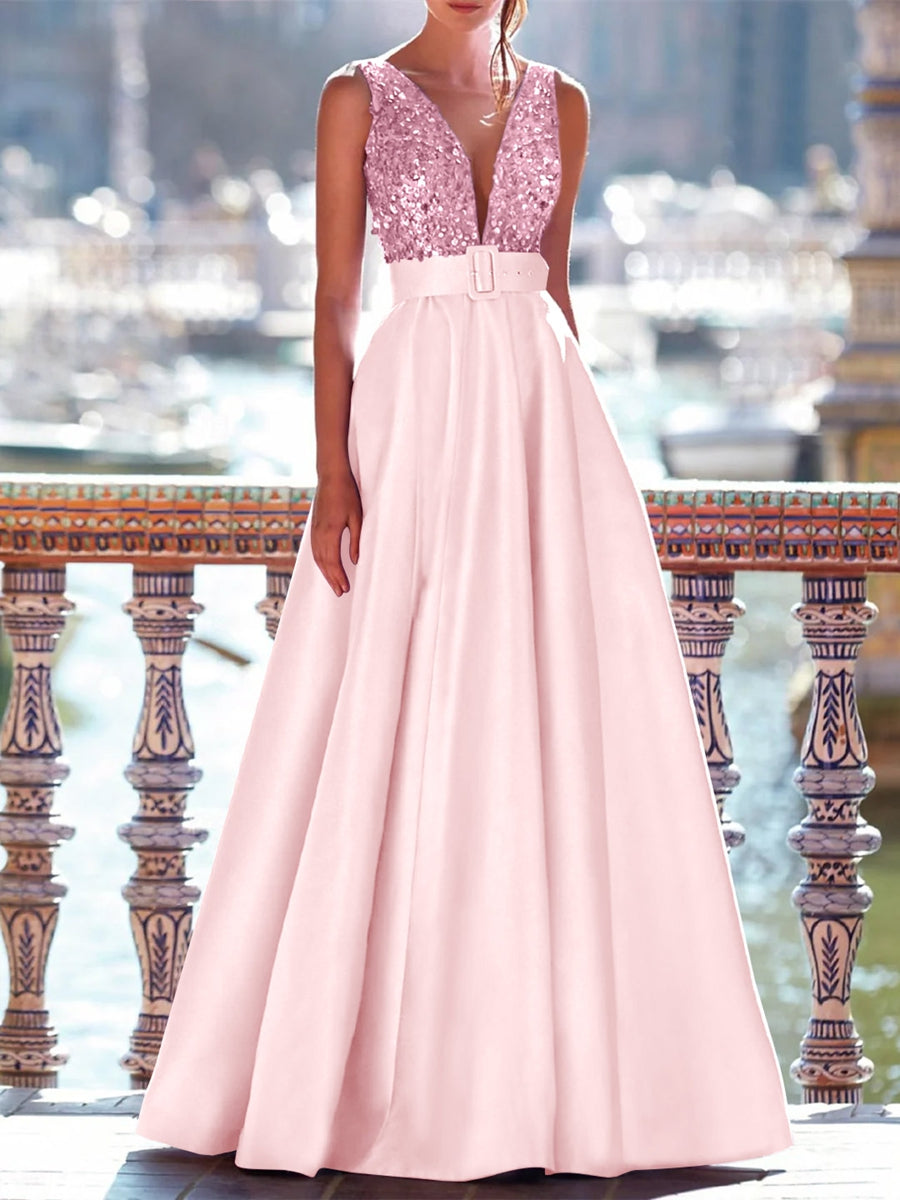 A-Line Evening Gown Floor Length Mother Of The Bride Dress With Belt Sleeveless V Neck Pocket Satin with Sequins