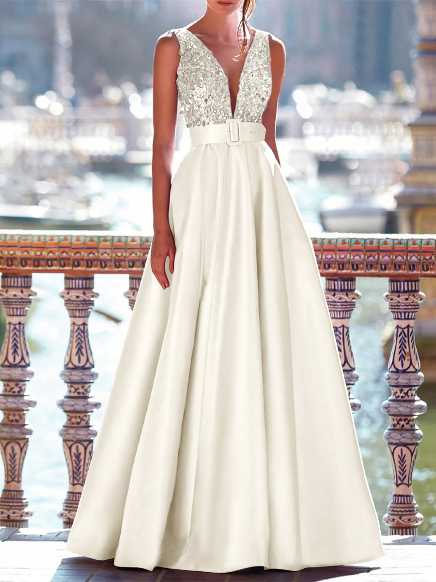 A-Line Evening Gown Floor Length Mother Of The Bride Dress With Belt Sleeveless V Neck Pocket Satin with Sequins