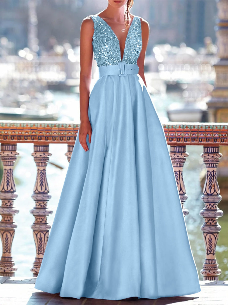 A-Line Evening Gown Floor Length Mother Of The Bride Dress With Belt Sleeveless V Neck Pocket Satin with Sequins