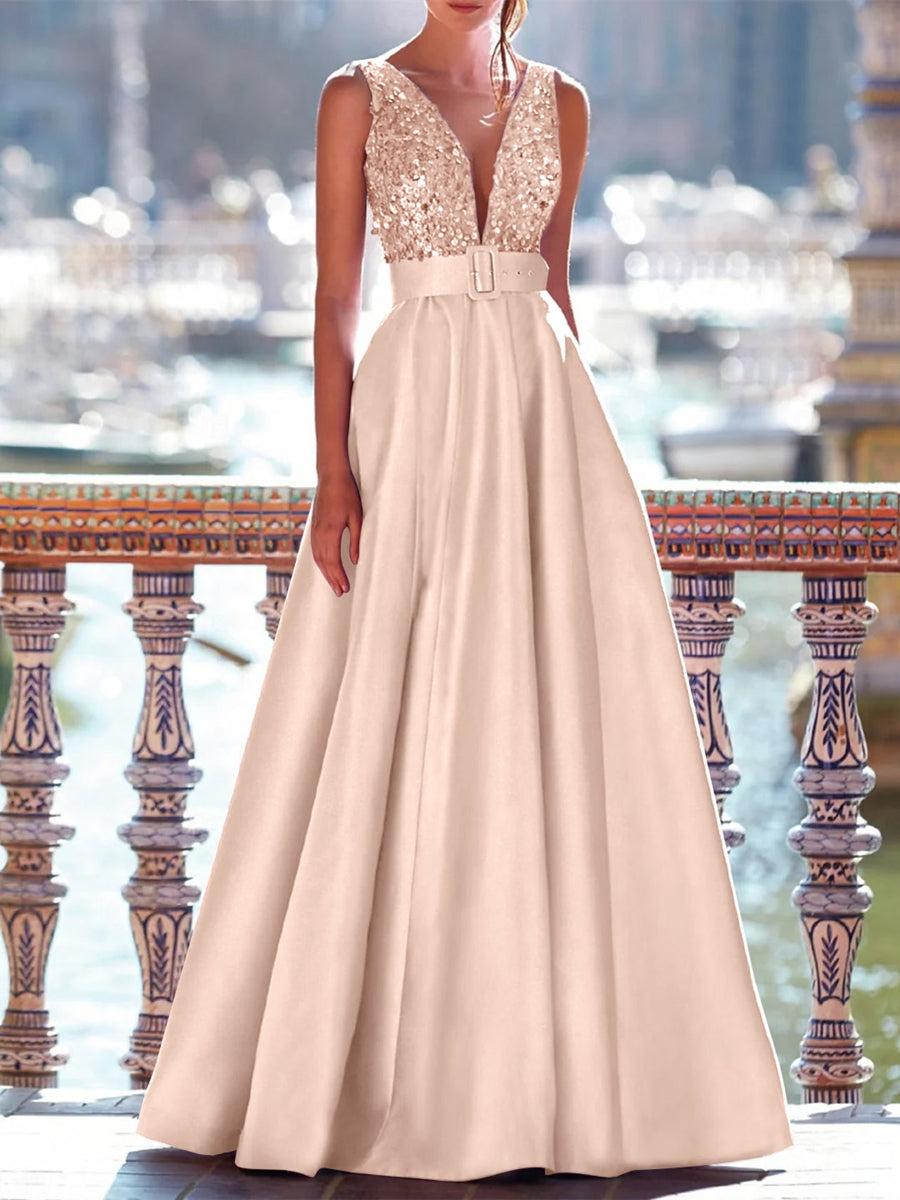 A-Line Evening Gown Floor Length Mother Of The Bride Dress With Belt Sleeveless V Neck Pocket Satin with Sequins