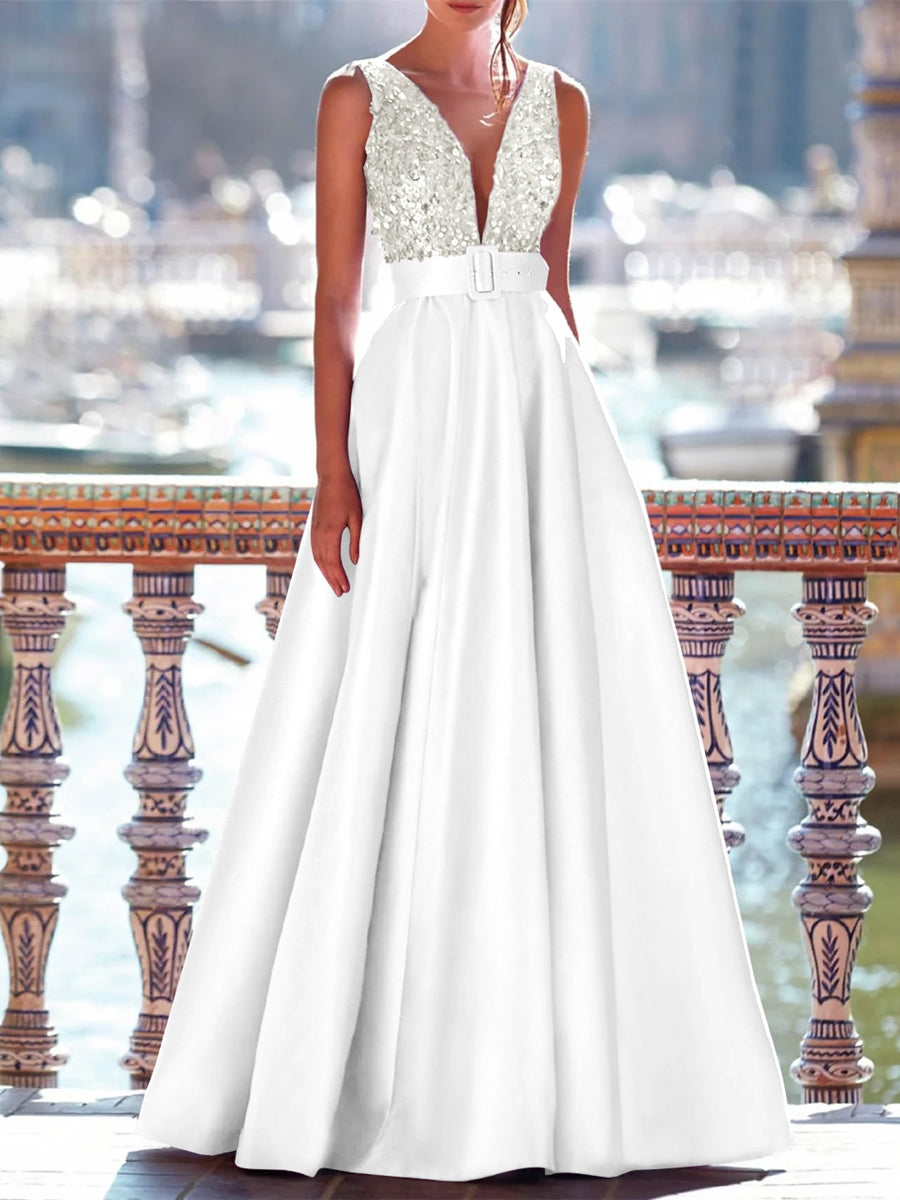A-Line Evening Gown Floor Length Mother Of The Bride Dress With Belt Sleeveless V Neck Pocket Satin with Sequins