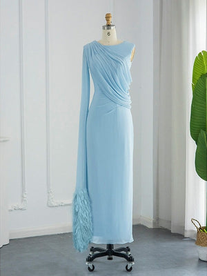Sheath/Column Evening Dress Floor Length Sleeveless Cowl Neck Chiffon with Feather Cape Ruched Slit