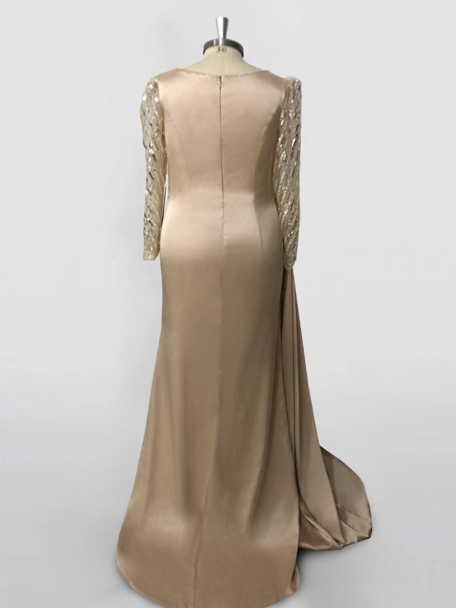 A-Line/Princess Sweep/Brush Train Long Sleeve Jewel Neck Prom Dress Satin with Ruched Slit