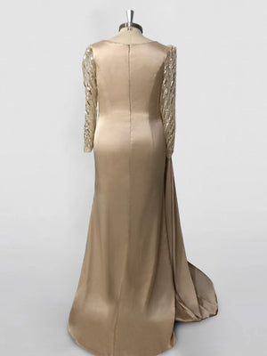 A-Line/Princess Evening Dress Sweep/Brush Train Long Sleeve Jewel Neck Formal Dress Satin with Ruched Slit