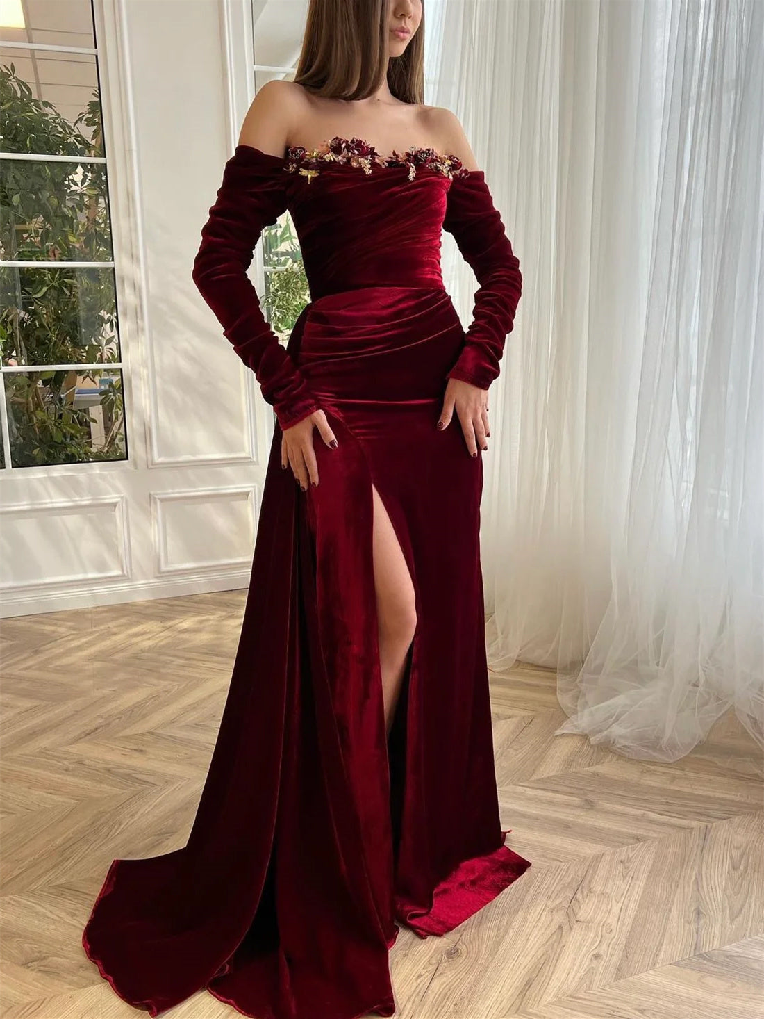 Elegant Velvet Formal Evening Maxi Gowns Red 2026 Off Shoulder Wedding Christmas Party Dress Sheath Long Sleeves Floor-Length Black-Tie Dresses with
