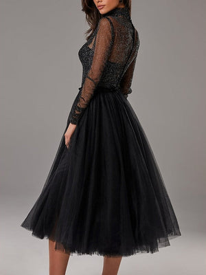A Line Cocktail Dress Long Sleeve Party Dress Tea Length Tulle Formal Dress With Semi-Transparent Corset Vintage Elegant Princess