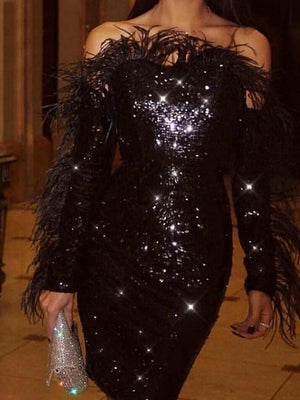 Mermaid Off-the-Shoulder Cocktail Dresses Sparkling Party Dress Long Sleeve Knee-Length Sequin Feather Black Dress
