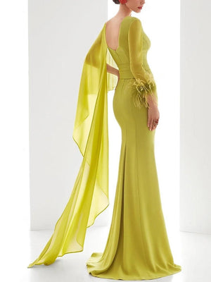 Trumpet/Mermaid Mother of the Bride Dresses V-Neck Long Sleeves Floor-Length Evening Dresses with Feather Cape