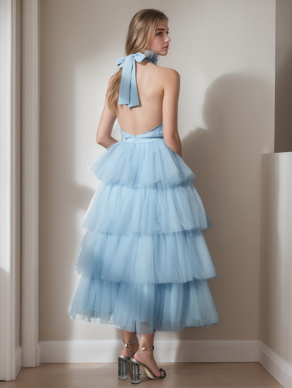 A-Line/Princess Cocktail Dress Halter Neck Sleeveless Tea-Length Prom Dresses with Lace