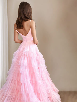 A-Line/Princess Spaghetti Straps Sleeveless Floor-Length Prom Dresses with Ruffles