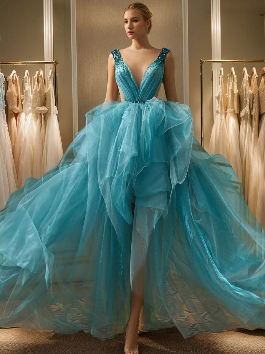 A-Line/Princess V-Neck Sleeveless Asymmetrical Prom Dresses with Rhine