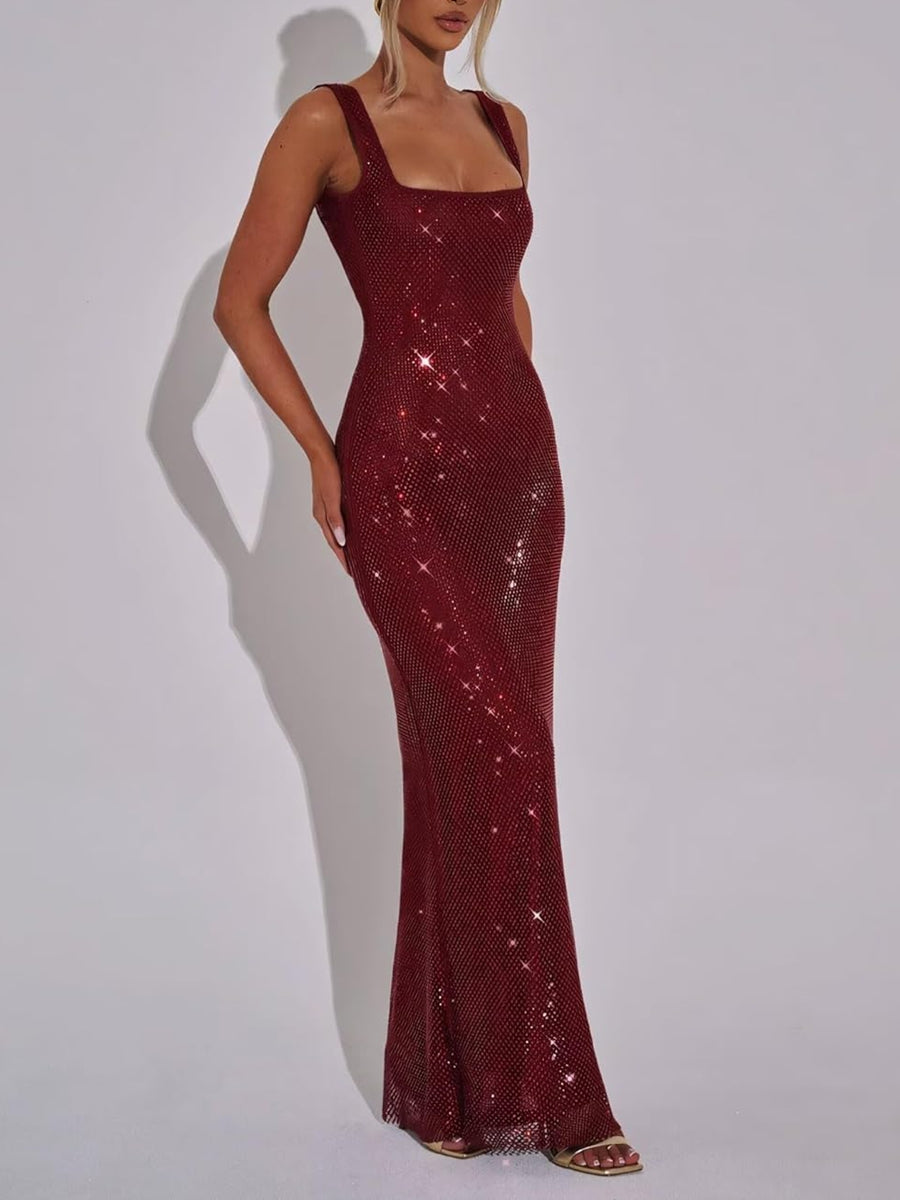 Sparkling Cocktail Dress Mermaid Birthday Dress Floor-Length Square Neck Party Dress With Opened Back Christmas