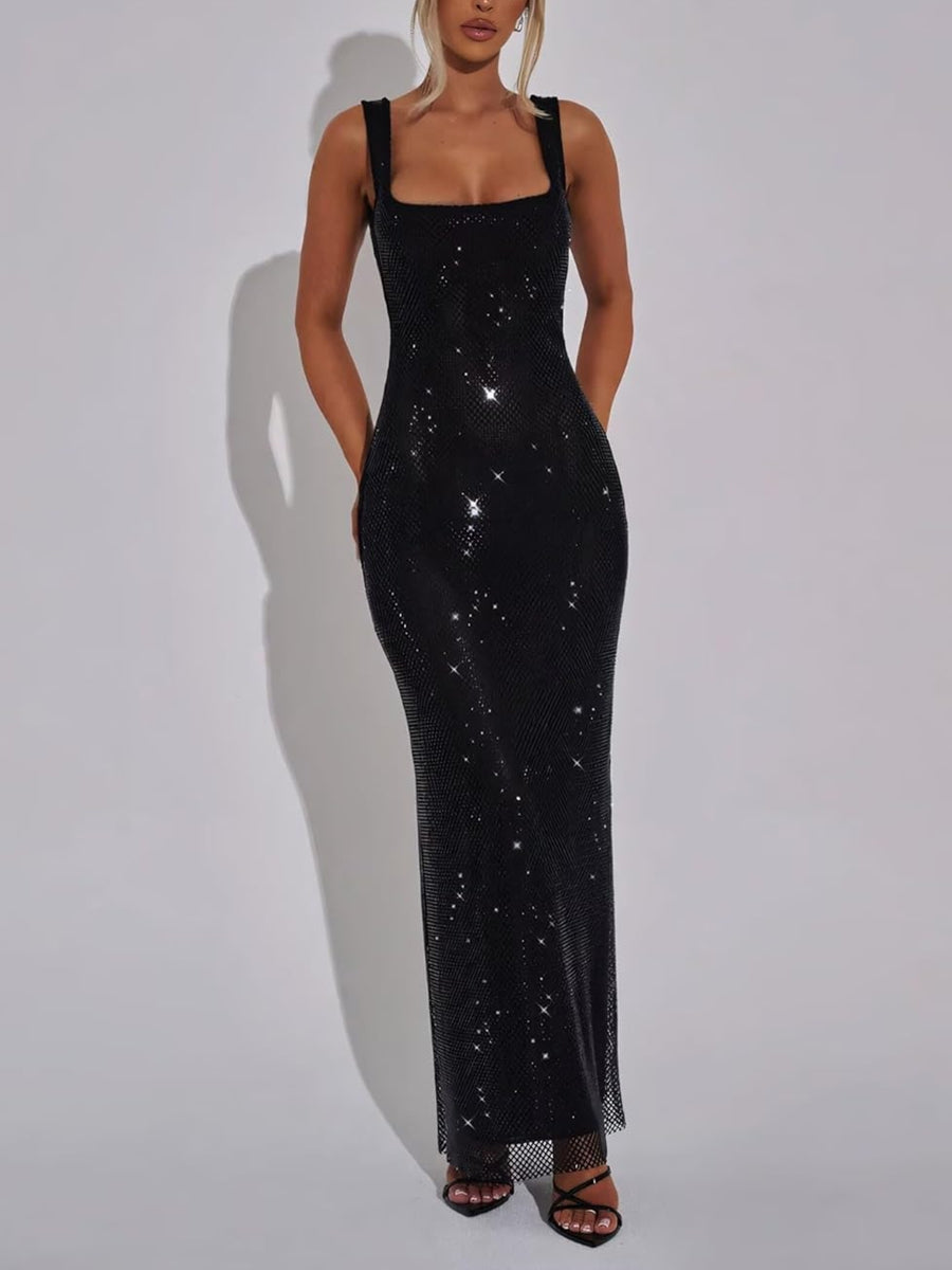 Sparkling Cocktail Dress Mermaid Birthday Dress Floor-Length Square Neck Party Dress With Opened Back Christmas