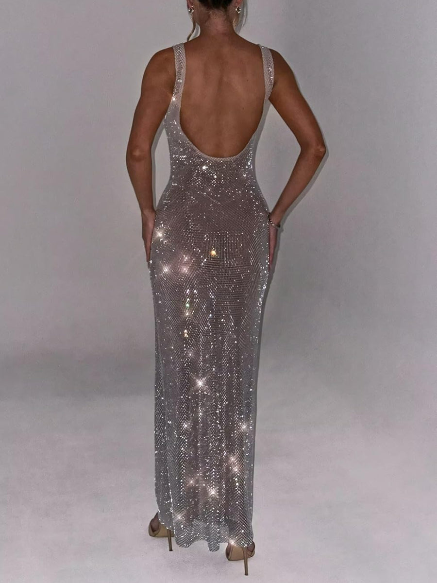 Sparkling Cocktail Dress Mermaid Birthday Dress Floor-Length Square Neck Party Dress With Opened Back Christmas