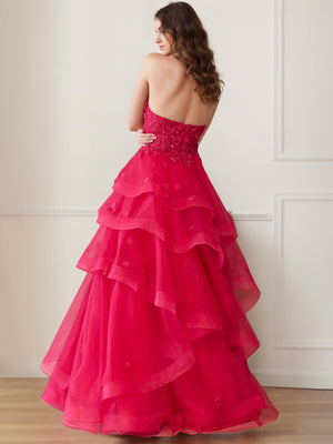 A-Line Strapless Sleeveless Luxurious Pleated Prom Dresses with Beadings & Ruffles & Appliques