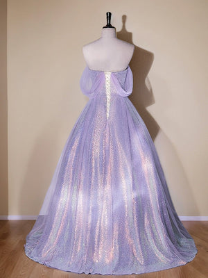 Shining A-Line/Princess Off-the-Shoulder Floor Length Elegant Prom Dresses with Ruffles