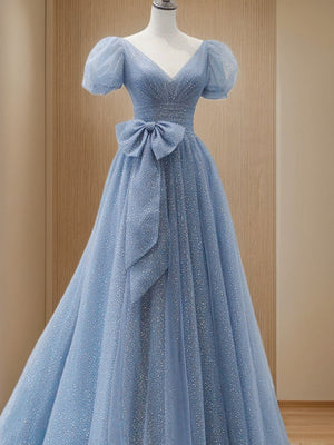 A-Line/Princess V-Neck Short Sleeves Floor Length Elegant Prom Dresses with Bow Belt