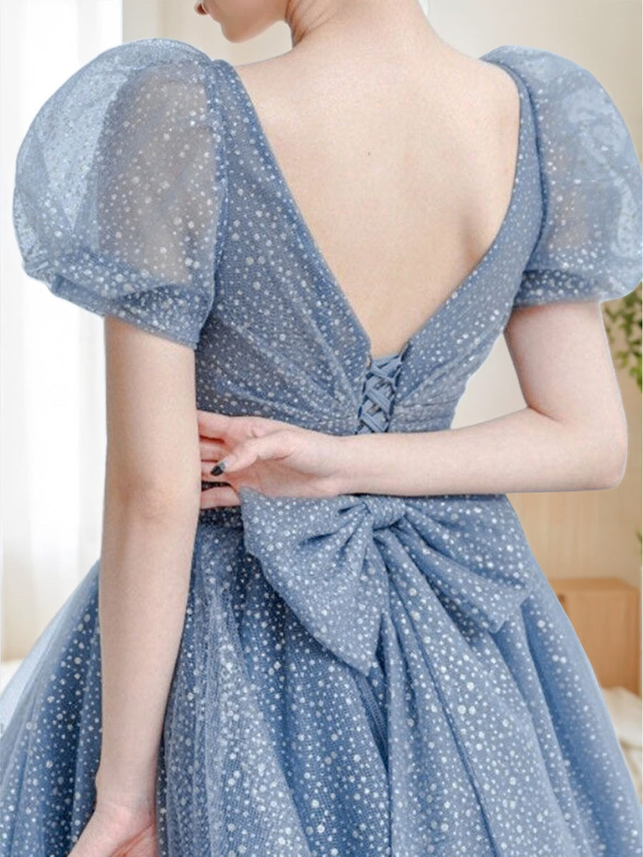 A-Line/Princess V-Neck Short Sleeves Floor Length Elegant Prom Dresses with Bow Belt