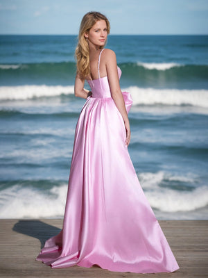 A-Line Spaghetti Straps Sleeveless Elegant Prom Dresses with Bow & High Split & Rhinestone