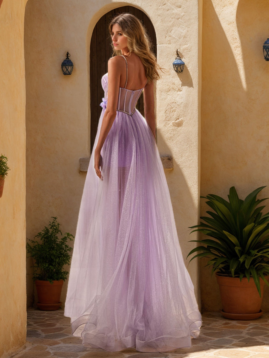Empire Spaghetti Straps Sleeveless Pleated Long Prom Dresses with Split Side & Appliques