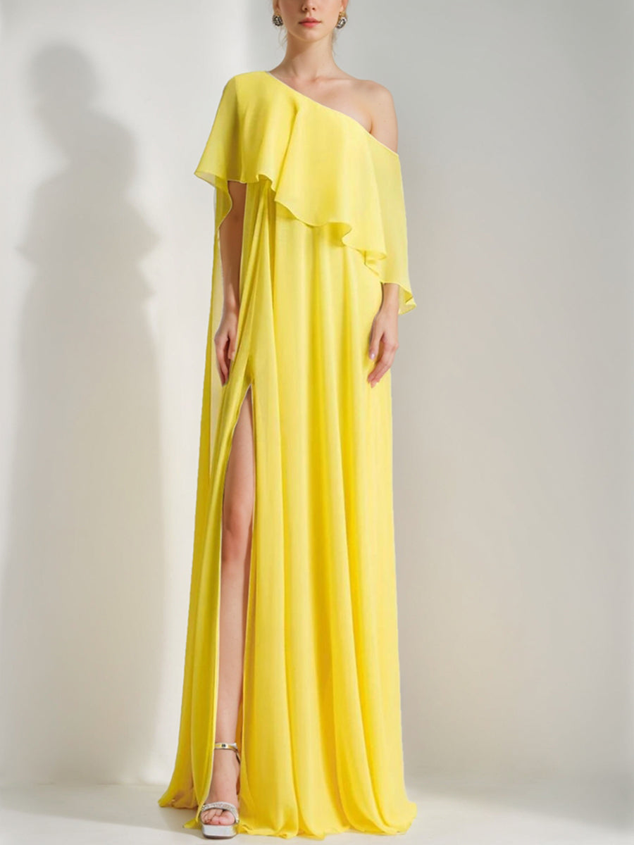 Loose Fit One-Shoulder Sleeveless Prom Dresses with Ruffles & High Split