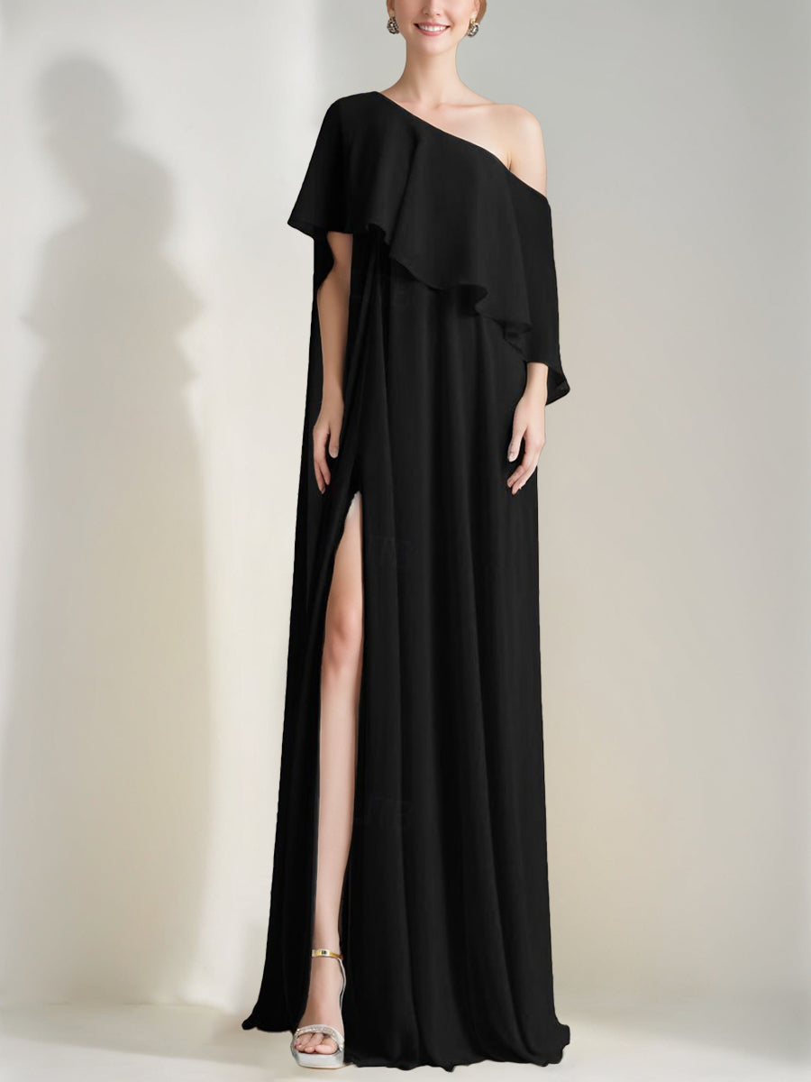 Loose Fit One-Shoulder Sleeveless Prom Dresses with Ruffles & High Split