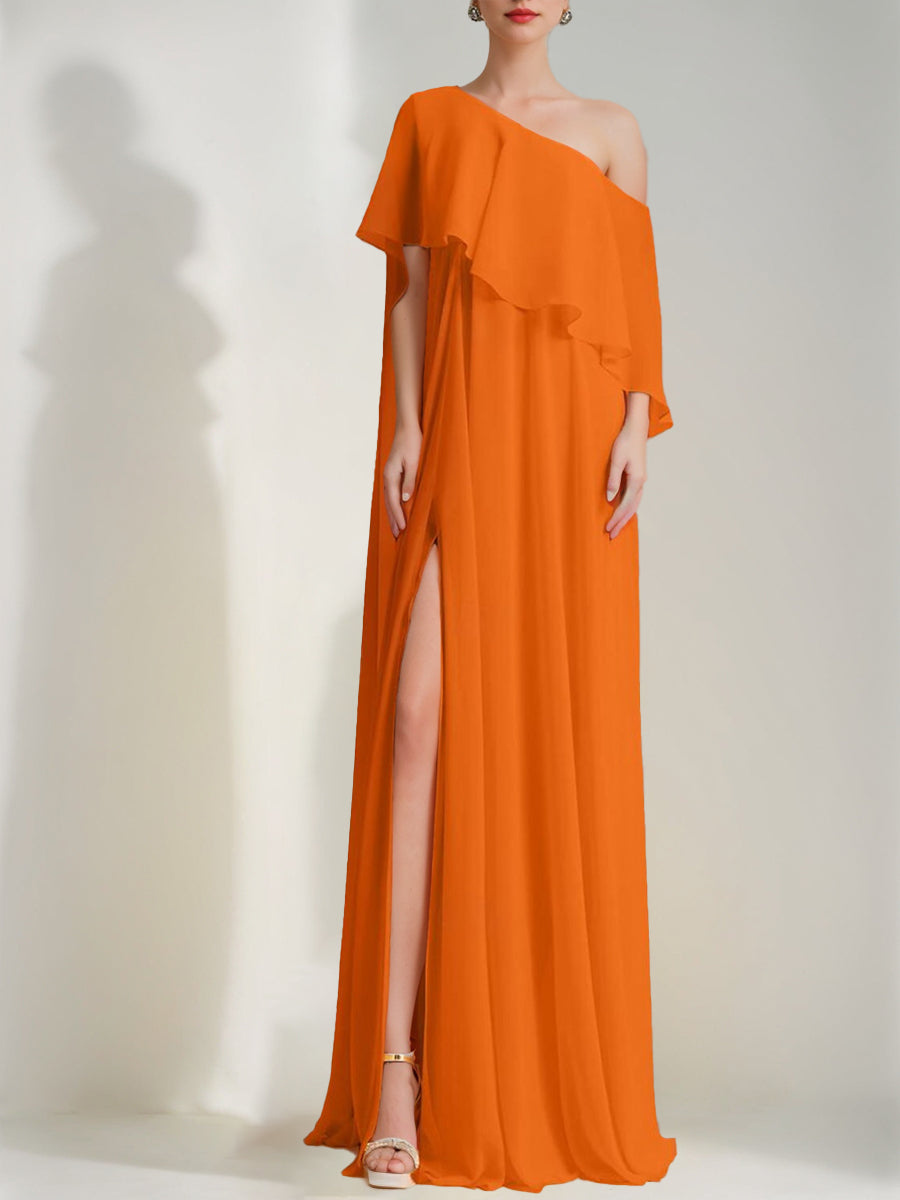 Loose Fit One-Shoulder Sleeveless Prom Dresses with Ruffles & High Split