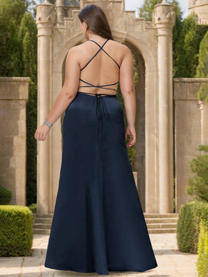 Sheath/Column V-Neck Sleeveless Floor-Length Satin Plus Size Prom Dresses With Split Side & Pleated