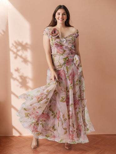 A-Line/Princess Off-the-Shoulder Printed Floral High-End Prom Dresses with Ruffles