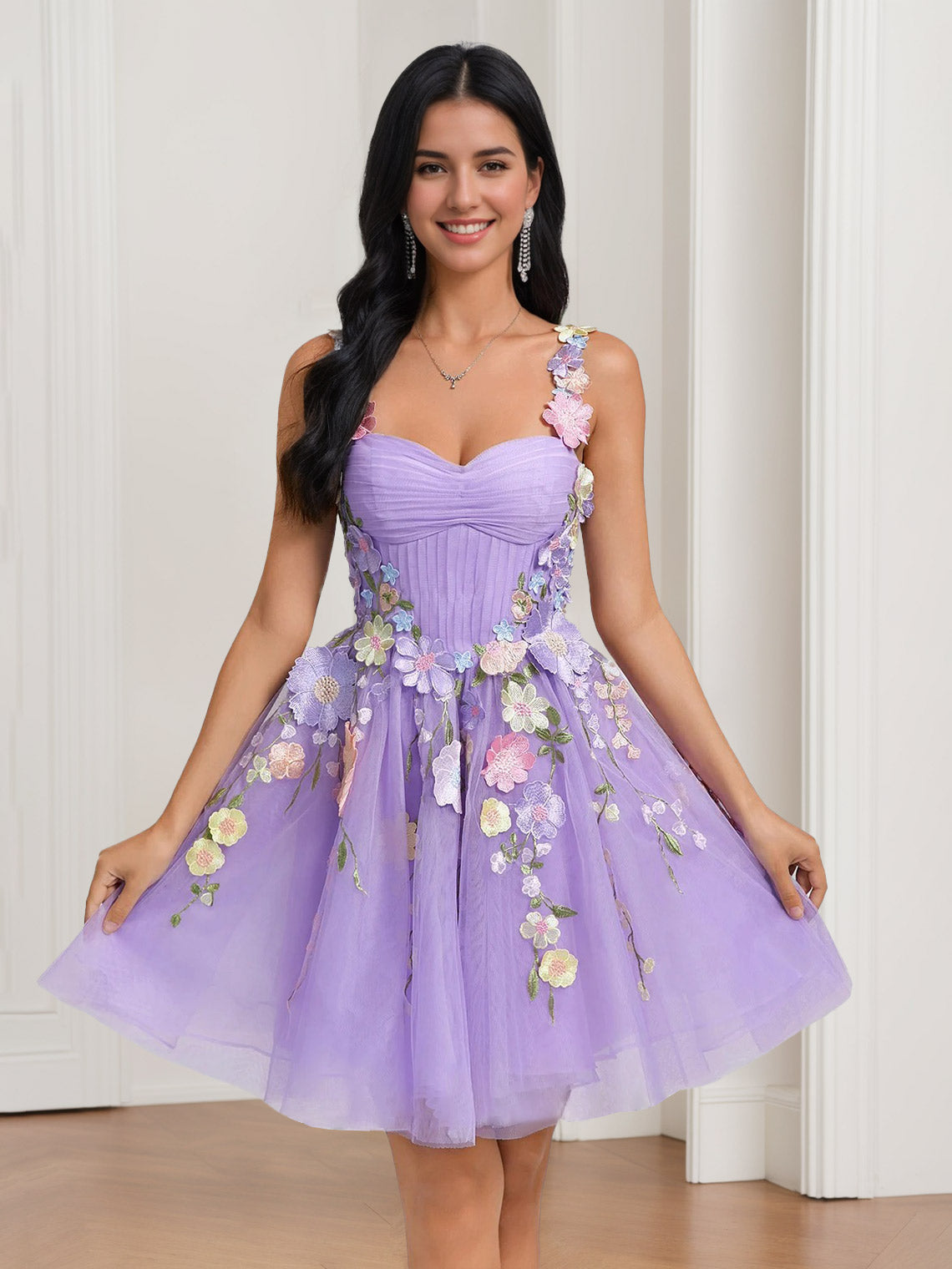 A-Line/Princess Sweetheart Sleeveless Pleated Short/Mini Homecoming Dresses with Floral Appliques & Lace-Up
