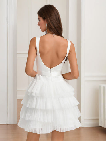 A-Line/Princess Square Neckline Backless Short/Mini Homecoming Dresses with Tiered Tulle & Bow Belt