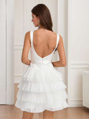 A-Line/Princess Square Neckline Backless Short/Mini Homecoming Dresses with Tiered Tulle & Bow Belt
