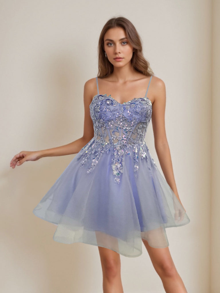 A-Line/Princess Spaghetti Straps Sleeveless Short/Mini Party Dance Cocktail Homecoming Dress with Sequins & Lace Appliques