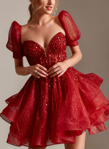 A-Line/Princess Sweetheart Short Sleeves Short/Mini Pleated Homecoming Dresses with Sequins & Ruffles