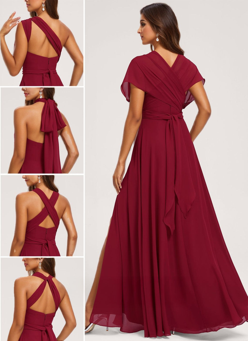 A-Line/Princess Halter One Shoulder V-Neck Floor-Length Chiffon Bridesmaid Dress