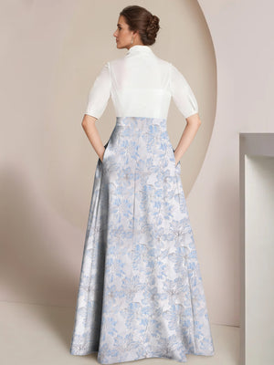 A-Line/Princess Mother Of The Bride Dresses Floral Formal Shirt Collar Short Sleeves Floor-Length 2 pieces with Bowknot Pocket