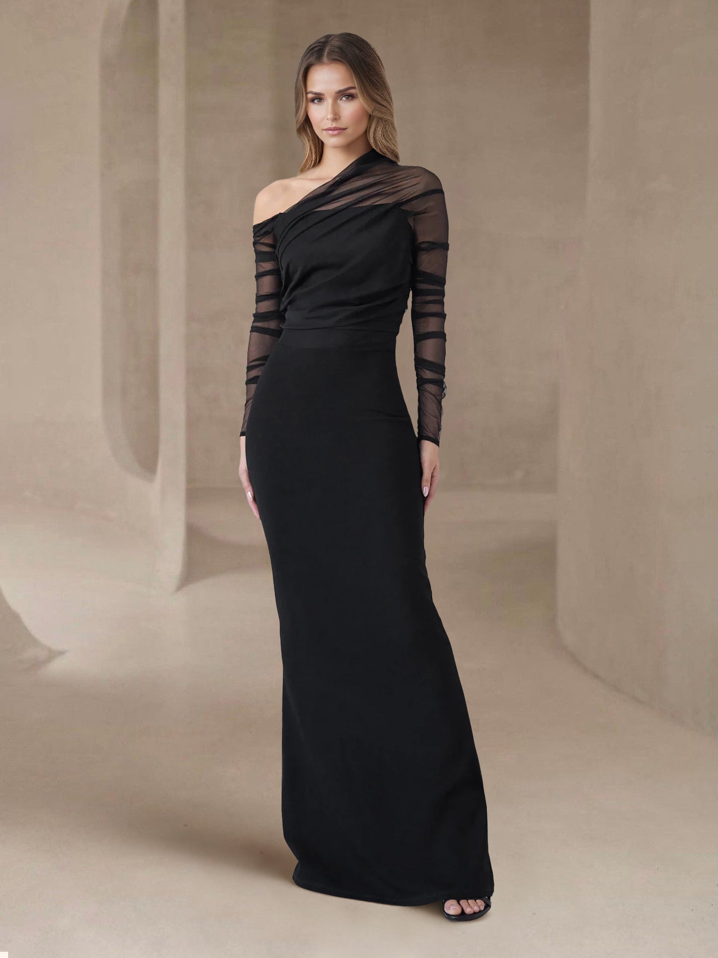 Sheath/Column Evening Dress One-Shoulder Floor-length Wedding Guest Dress Stretch Crepe Dresses