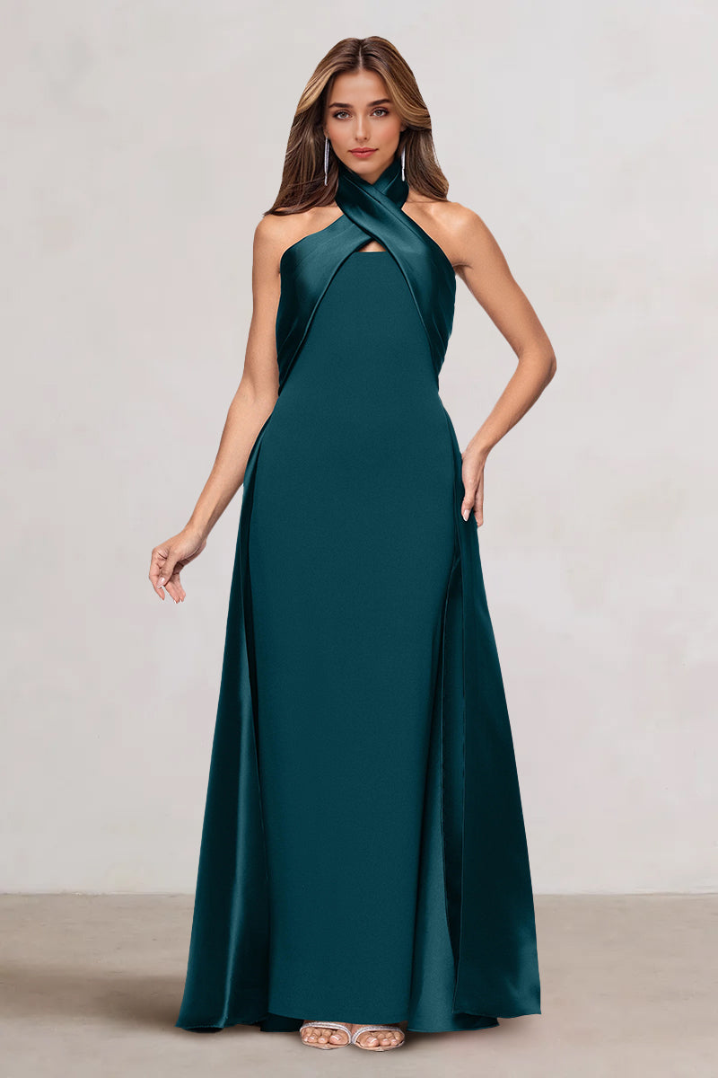 A-Line/Princess Stretch Crepe & Satin Criss Cross Sleeveless Floor-Length Evening & Wedding Guest Dresses