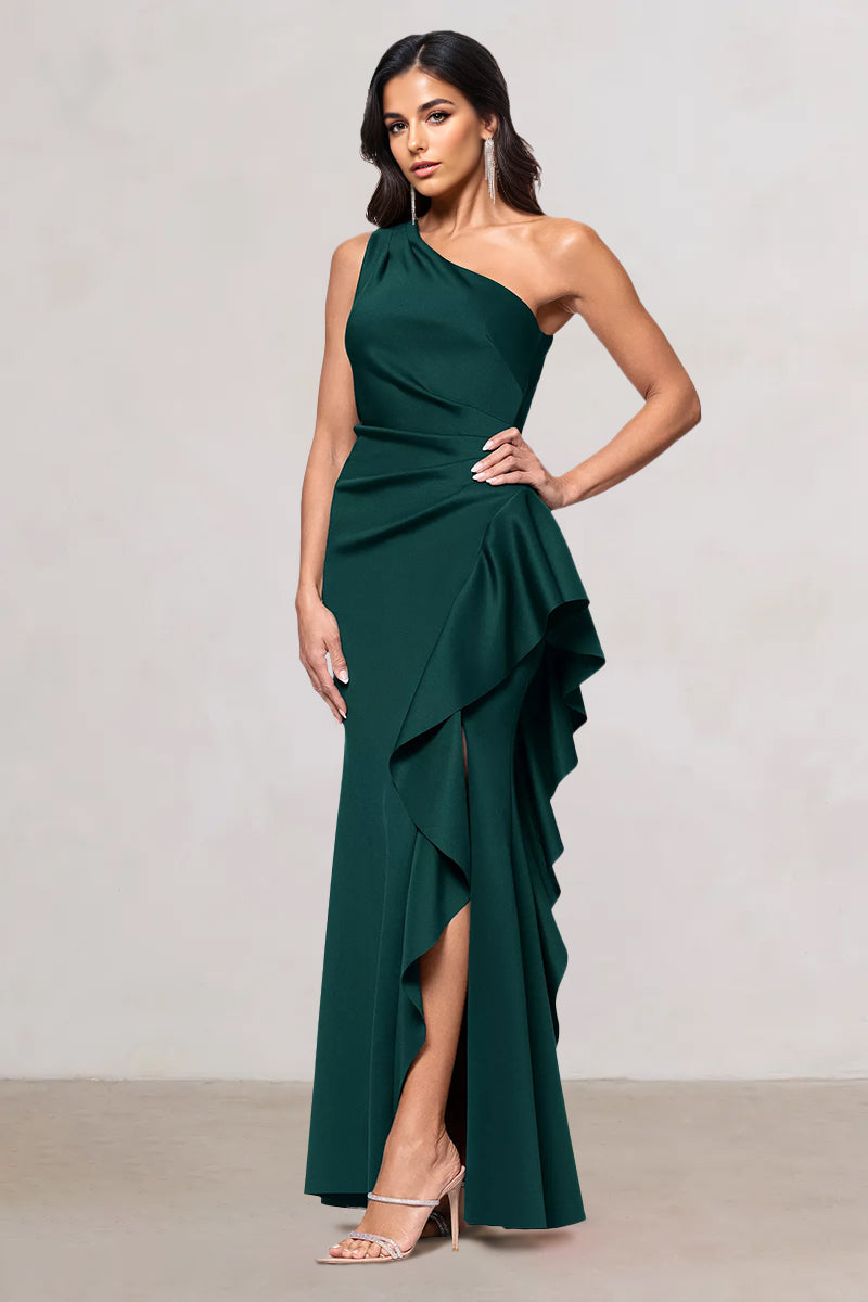 Sheath/Column Satin One-Shoulder Sleeveless Floor-Length Evening/Wedding Guest Dresses With Side Slit & Ruffle