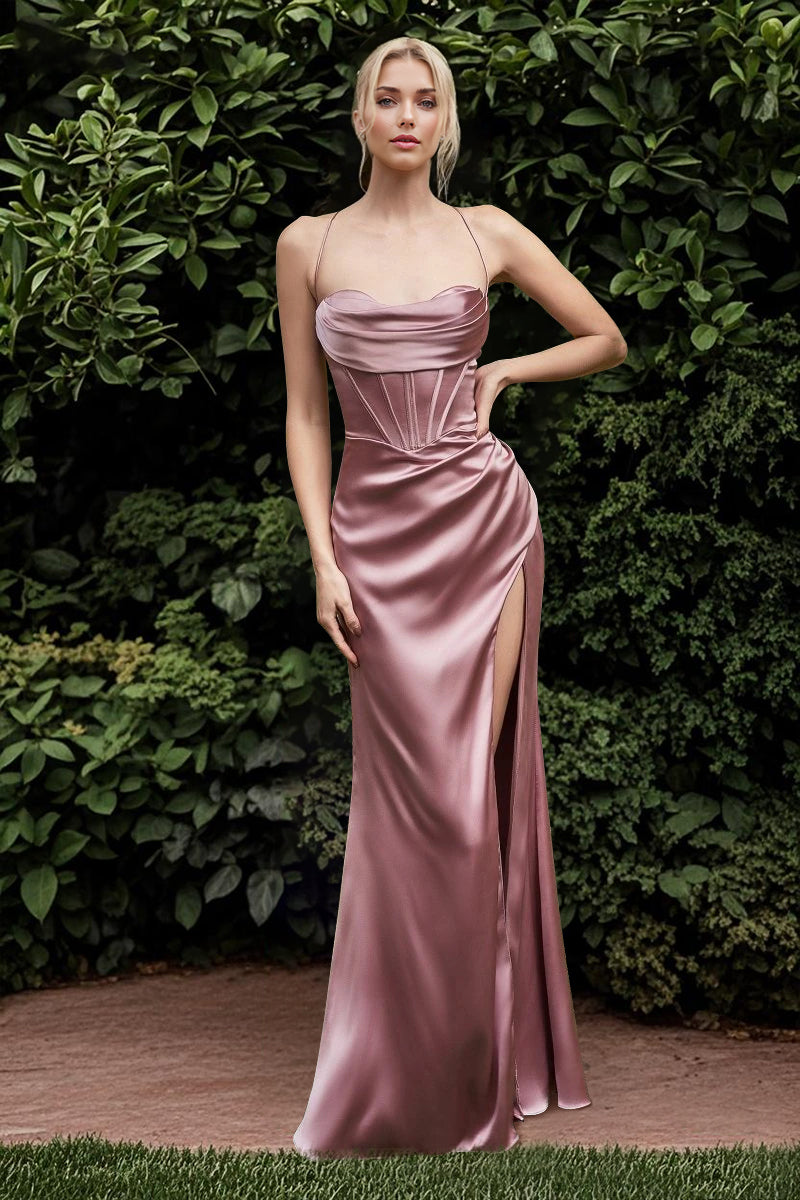 Sheath/Column Long Corset Prom Dresses Spaghetti Straps Satin Gown Floor-length With High Split Ruched 2025