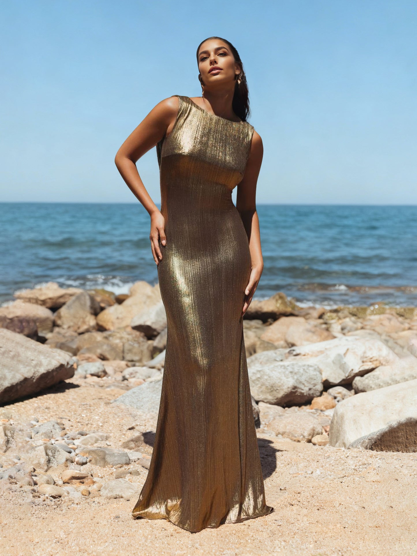 Sheath/Column Formal Evening Dress Dinner Cocktail Party Gold Floor Length Metallic Jersey Cowl Back Gown