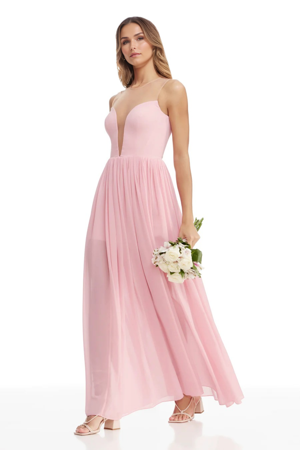 A-Line/Princess Chiffon Bridesmaid Dresses Floor-Length Sheer Neck&V-Neck Sleeveless