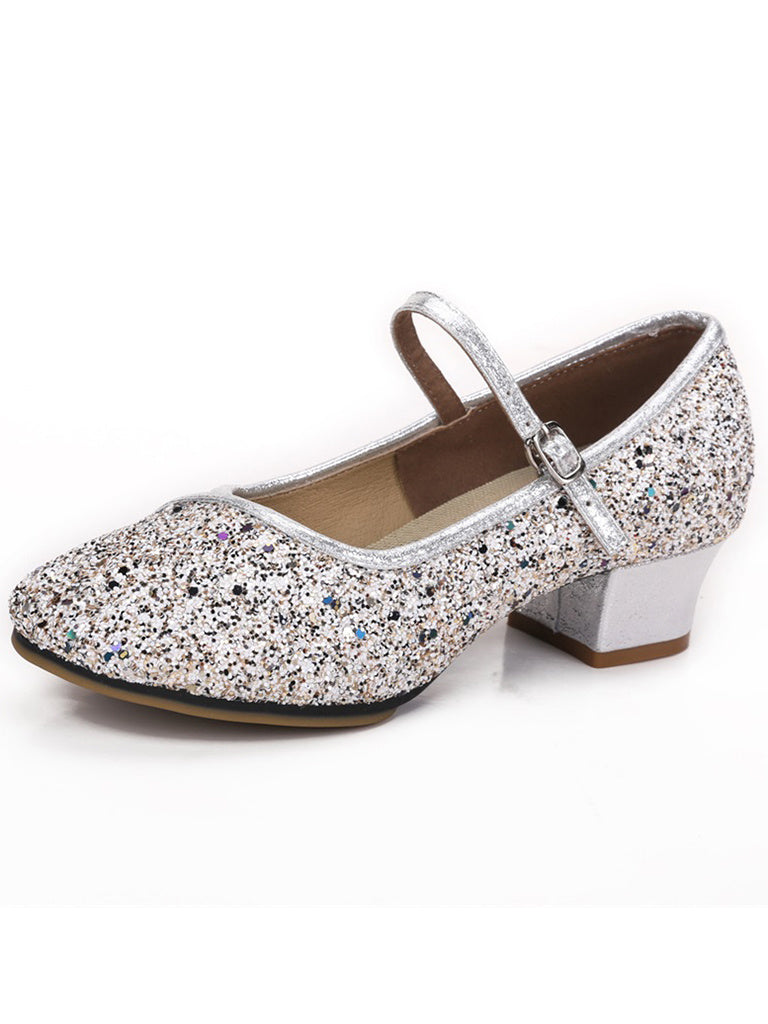 Women's Dancewear Shoes Block Heel Round Toe Glitter Ballroom Dance Shoes